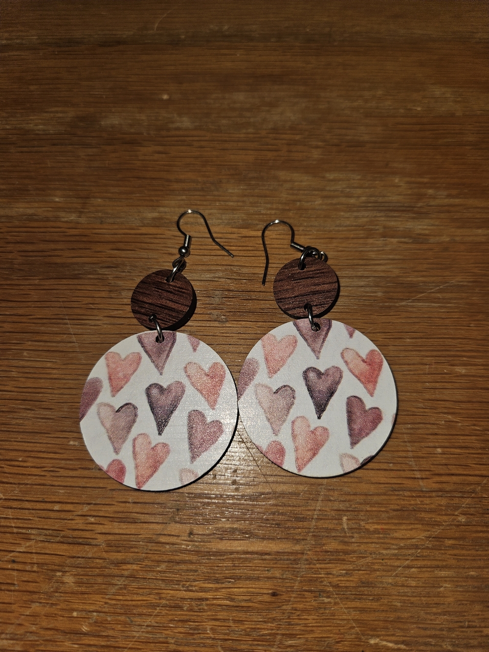 Handmade Heart Print Wooden Drop Earrings - Pink & Purple